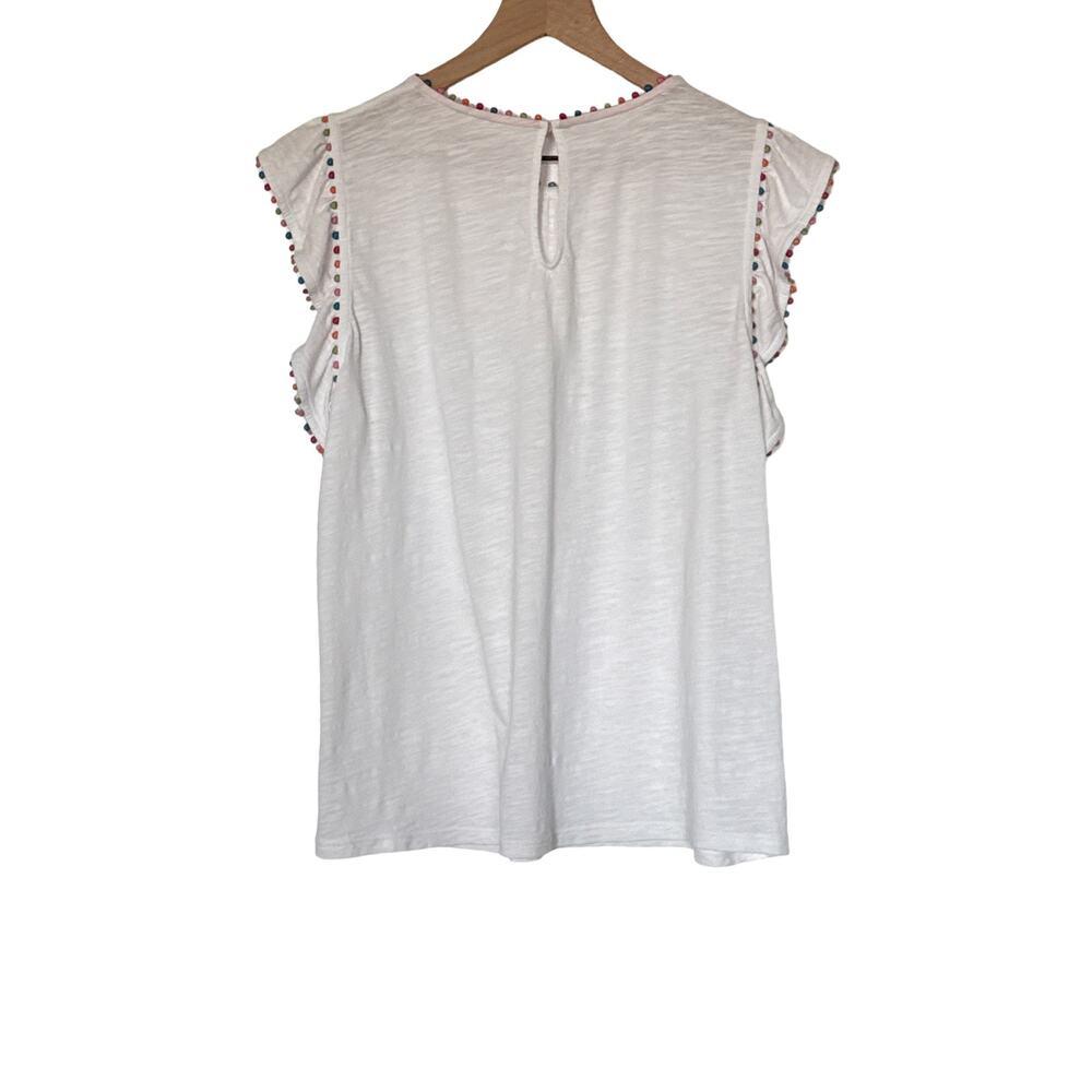 Boden White Pom Trim Ruffle Sleeve Cotton Top Size US 10 - Picture 4 of 9